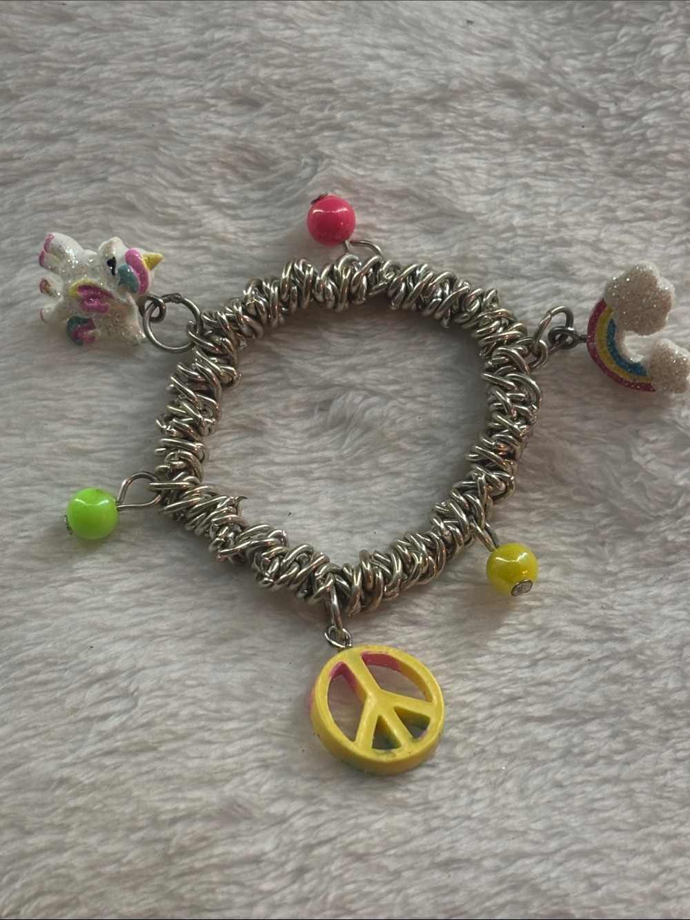Kids Silver Charm Bracelet with Yellow Peace Sign and Colorful Beads